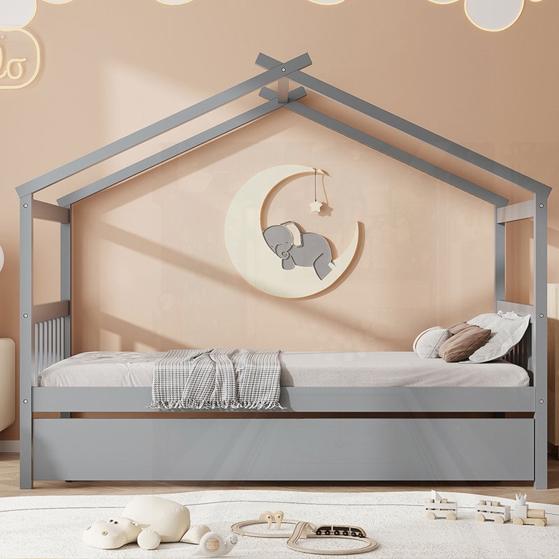 Lit en bois avec couchette, gris, Simple