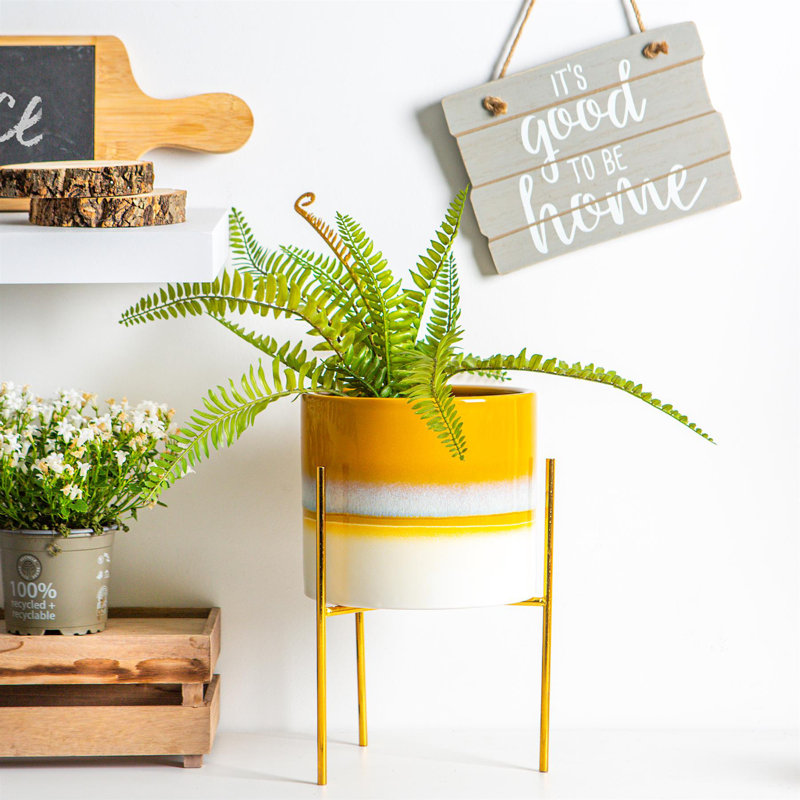 Nicola Spring - Reactive Glaze Plant Pots on Stands - 19cm, Yellow/Gold