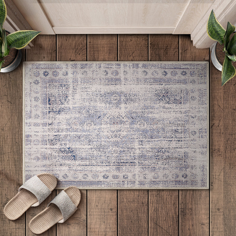 Sorbus Welcome Mat Rug for Entryway, Machine Washable, Non-Slip, Vintage Rug - Blue (Border), 2 x 3 Ft., Rectangle 2' x 3'