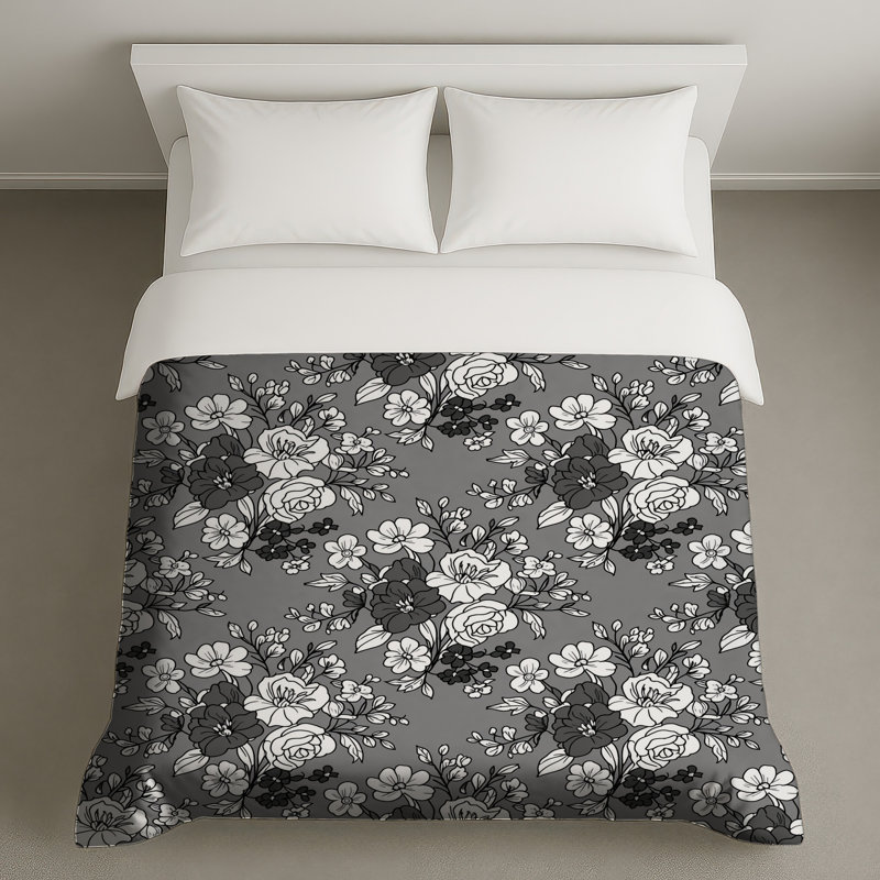 Housses de couette à motif floral gris, Très grand lit
