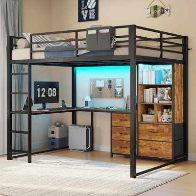 Lit mezzanine double avec bureau en L, bibliothèque à 5 niveaux, 5 tiroirs de rangement, lit mezzanine en métal à DEL avec prise de courant, lits mezzanine avec barrière de sécurité et échelles, aucun sommier nécessaire