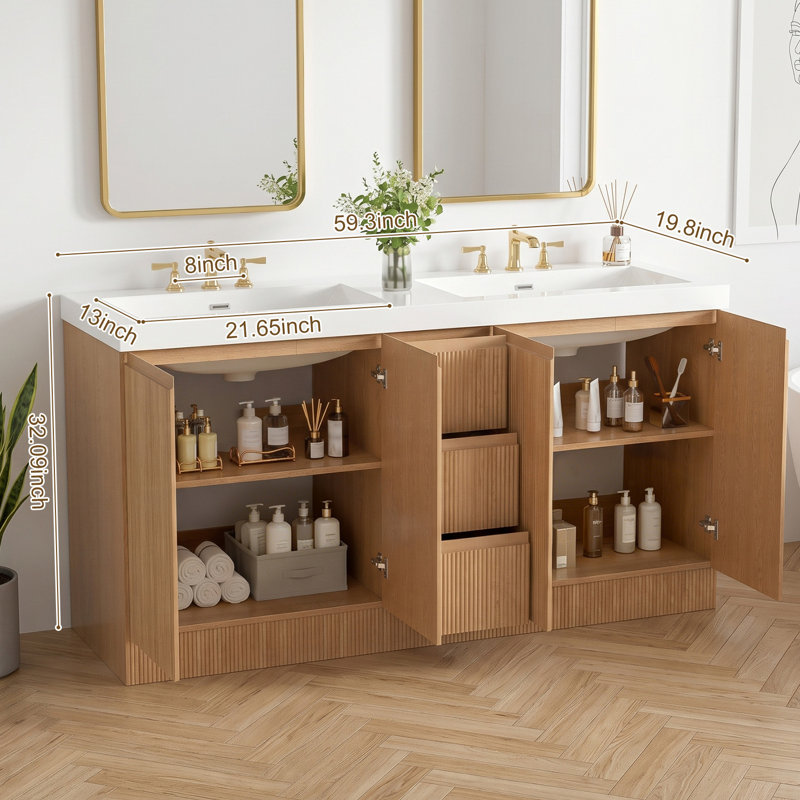 Ensemble de meuble-lavabo double autoportant 59,3 po avec lavabos et rangement intégrés 59,3 po