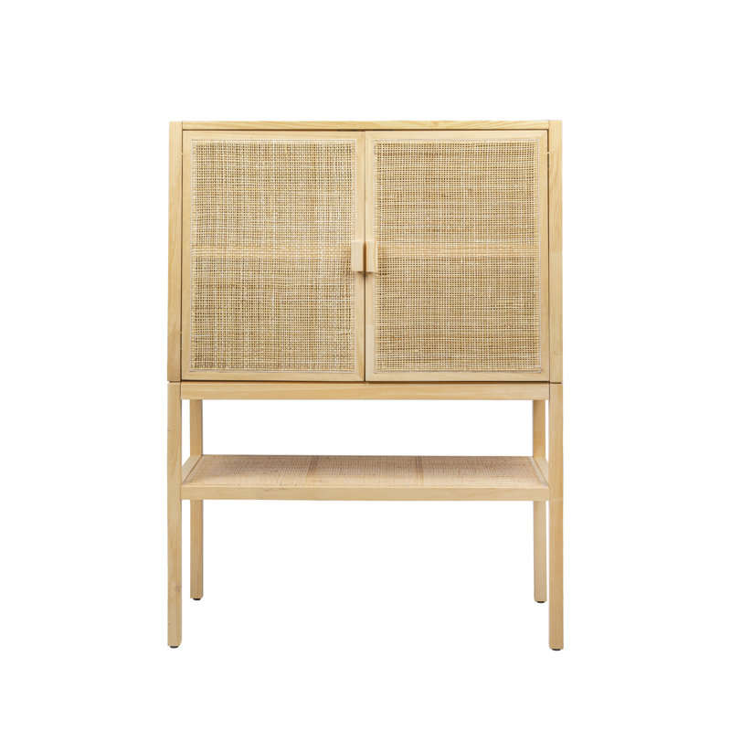Woven Rattan and Wood Cabinet with 2 Doors, 1 Shelf, and 4 Interior Storage Compartments, Natural