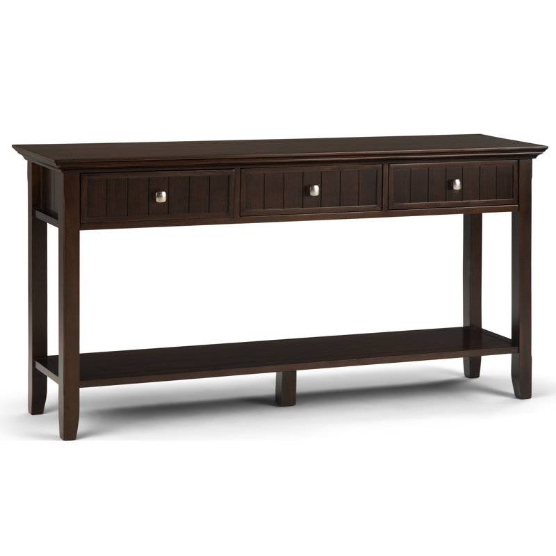 Acadian 60"W Solid Wood Transitional Sofa Table with 3 Drawers and Open Bottom Shelf, Brunette Brown