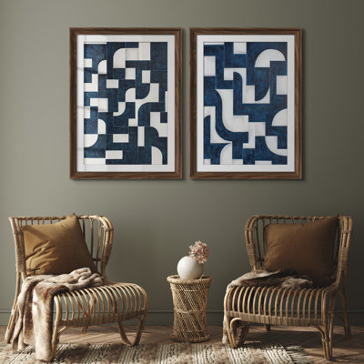Ensemble de 2 décorations murales géométriques bleu marine et blanches pour salon ou bureau, 26 po x 36 po