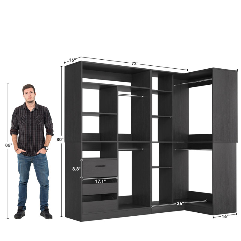 72"Closet System With 3 Drawers And 4 Rods, Black