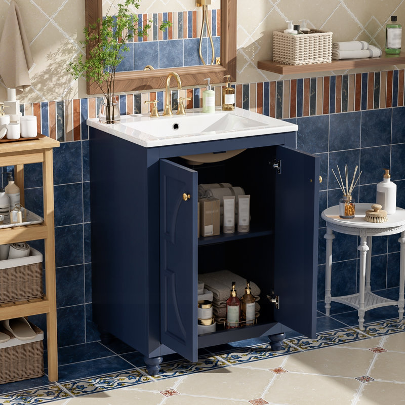 Meuble-lavabo moderne de 24 po avec motif elliptique orné et charnières à fermeture en douceur, Blue