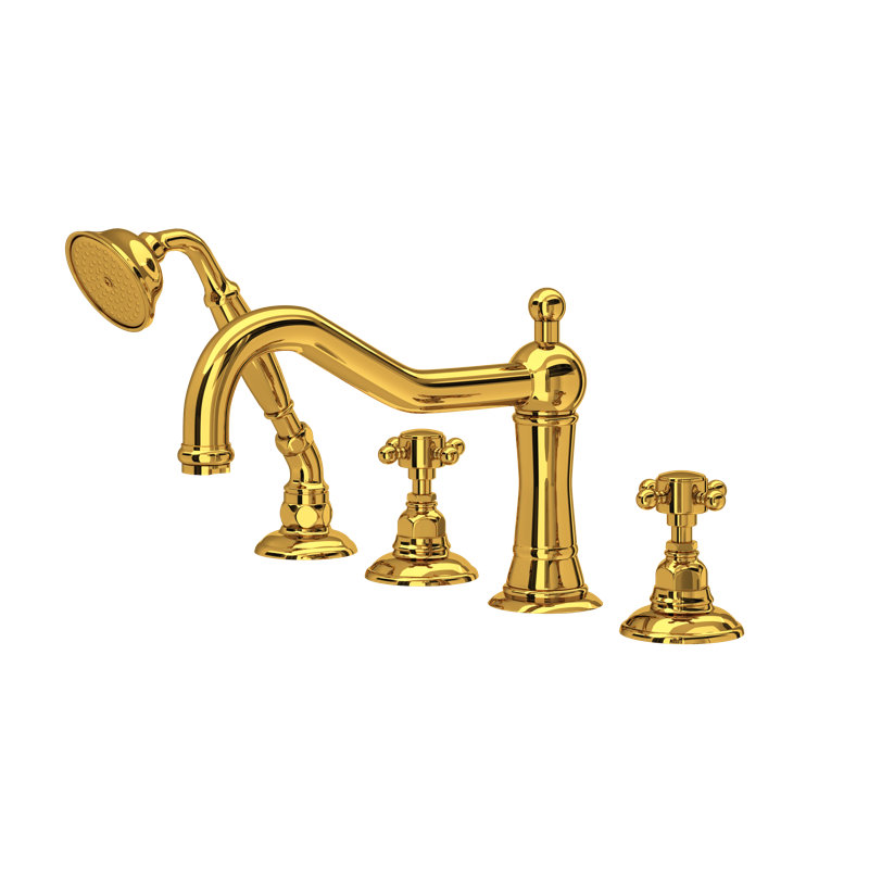Acqui 4-Hole Deck Mount Tub Filler, Unlacquered Brass, Cross Handle
