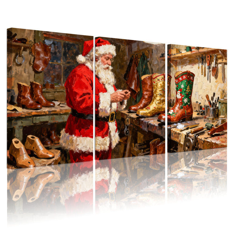 Ensemble de 3 impressions sur toile de Noël, père Noël dans un atelier faisant des bottes, H 24 po x l 48 po