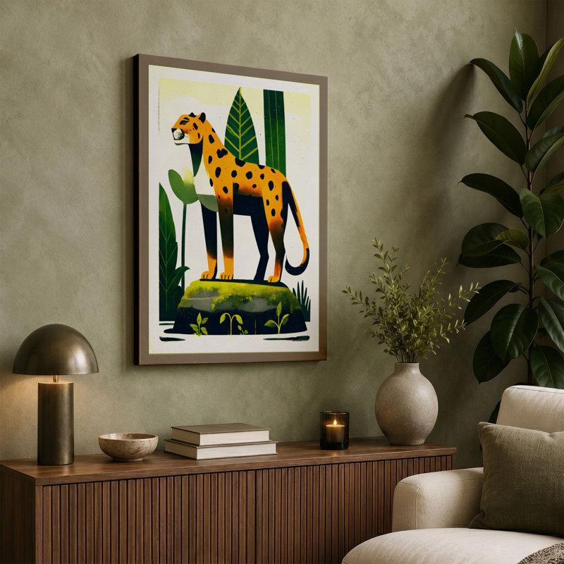 Spotted Leopard In Foliage Vintage - Print, 30x20 - 76.2 x 50.8 cm, Taupe Border