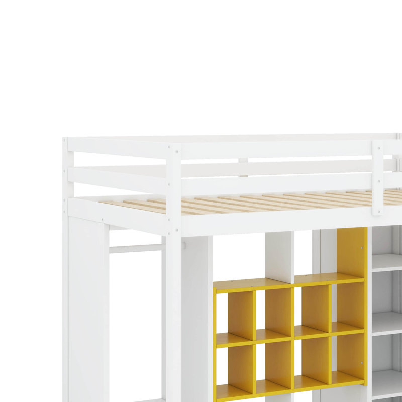 Lit mezzanine simple en bois avec garde-robe, tablettes et armoire, Blanc / jaune