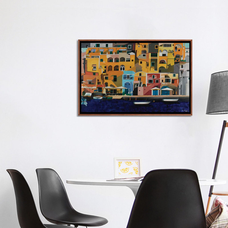Procida et les bateaux, Italie - reproduction d'art sur toile - toile encadrée, Brun, H 26 po x l 40 po