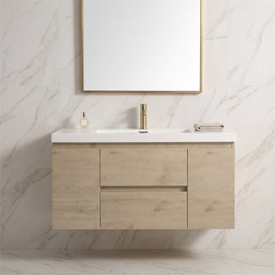 Meuble-lavabo mural en mélamine de 122 cm (48 po) en bois naturel avec lavabo intégré en résine, tiroirs et charnières de porte à fermeture amortie, entièrement assemblé.