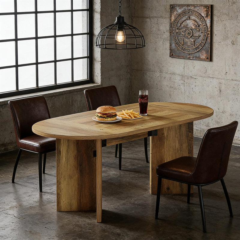 Table de salle à manger spacieuse ovale avec panneau de fibres à densité moyenne durable et base en métal robuste