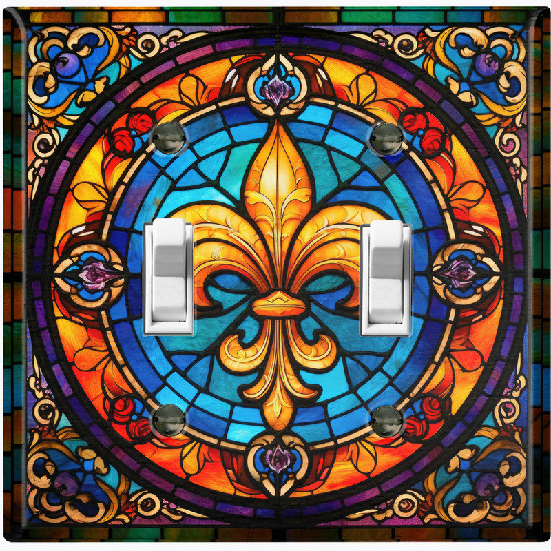 Couvercle de plaque d'interrupteur en métal; Bascule standard US à 2 bandes - image imprimée du vitrail Fleur De Lis
