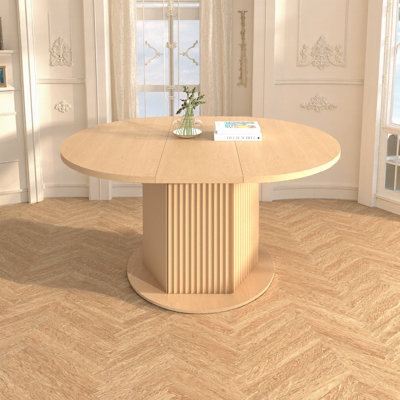 Light Brown Round Extendable Dining Table for 6 with Hexagonal Texture Base, MDF Top