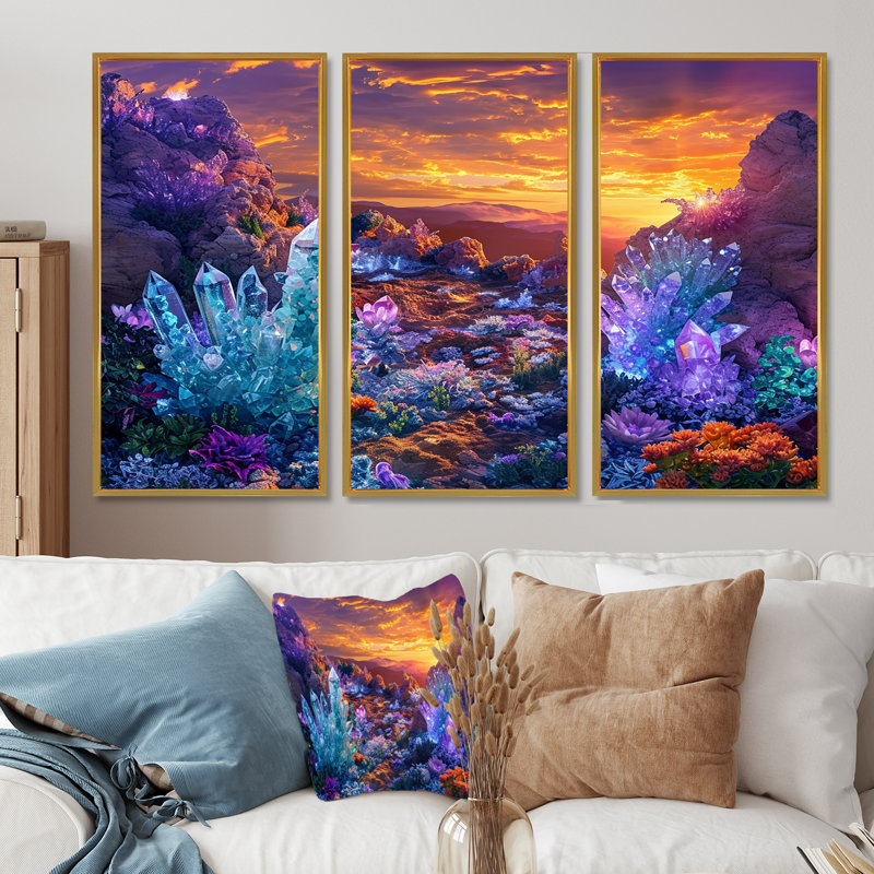 Emerie - Ensemble d'art mural paysage abstrait, Cadre flottant doré, H 40 po x l 60 po x P 1 po