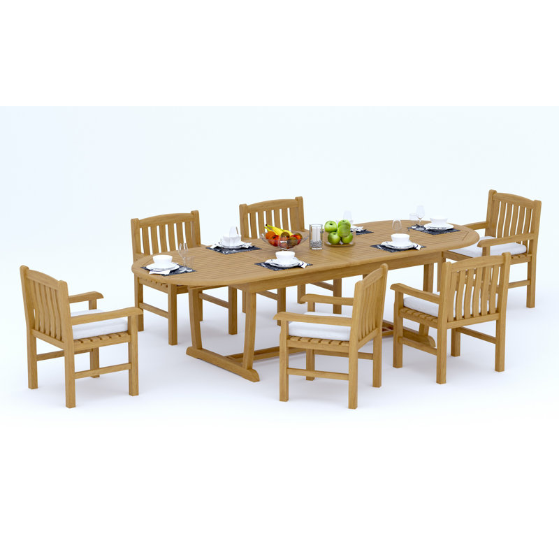 6 Seats 7 Pcs Grade-A Teak Wood Dining Set: 118" Double Extension Mas Oval Trestle Leg Table And 6 Devon Arm Chairs #11DV2706