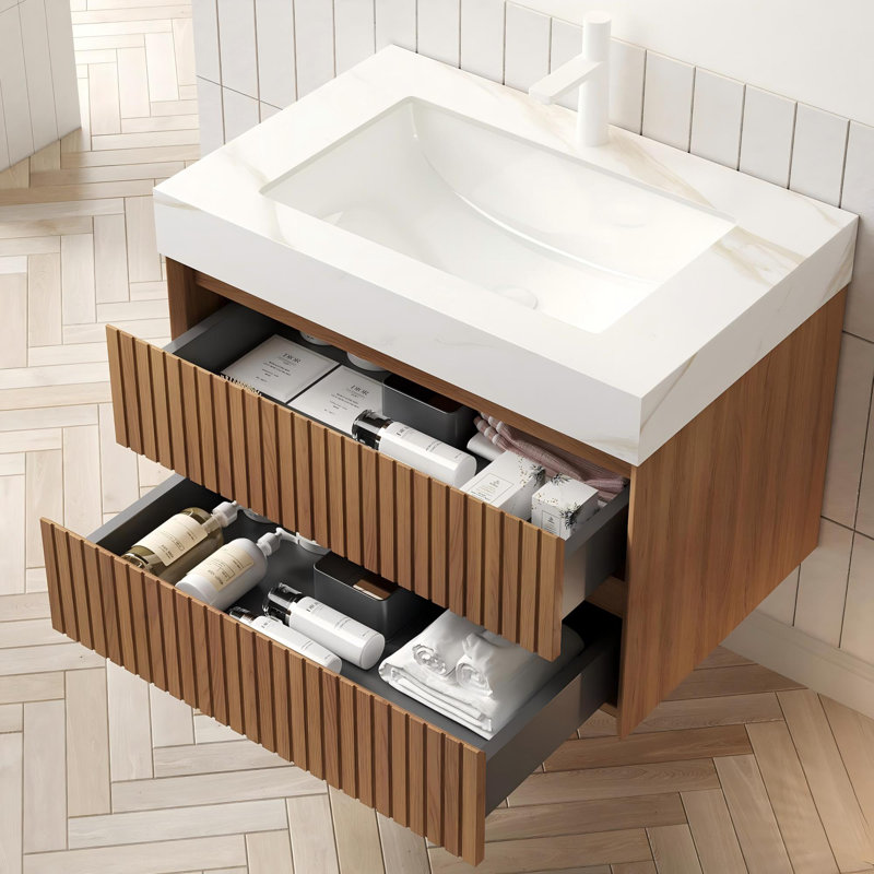 Meuble-lavabo mural 30 po avec 2 tiroirs et lavabo en céramique Carrara, 30", Blanc de Carrare