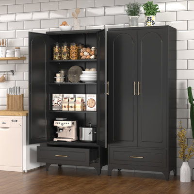 75" Tall Kitchen Pantry Cabinet with Drawer, Black Metal Storage Cabinet with 2 Doors  3 Adjustable Shelves, Freestanding Pantry for Kitchen, Garage,