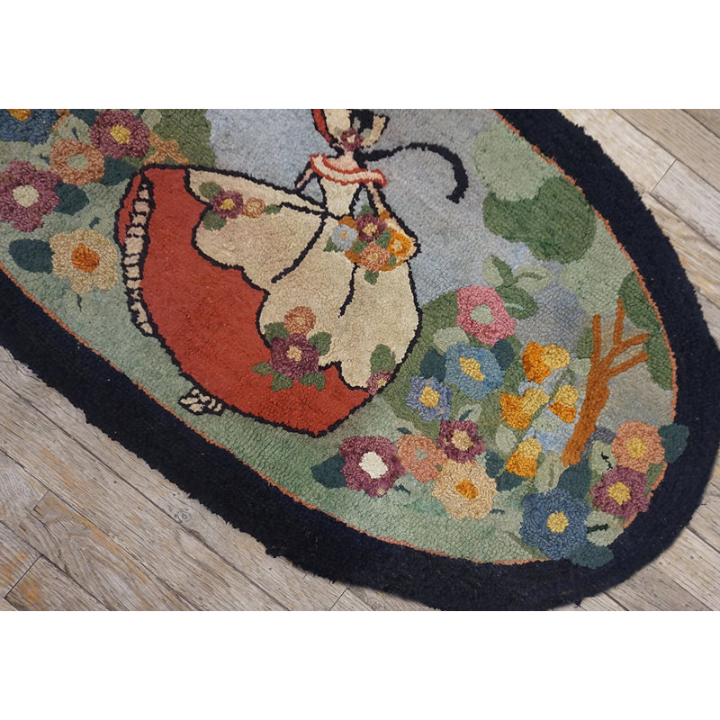 Antique American Hooked Small Scatter Size Wool Blue Rug