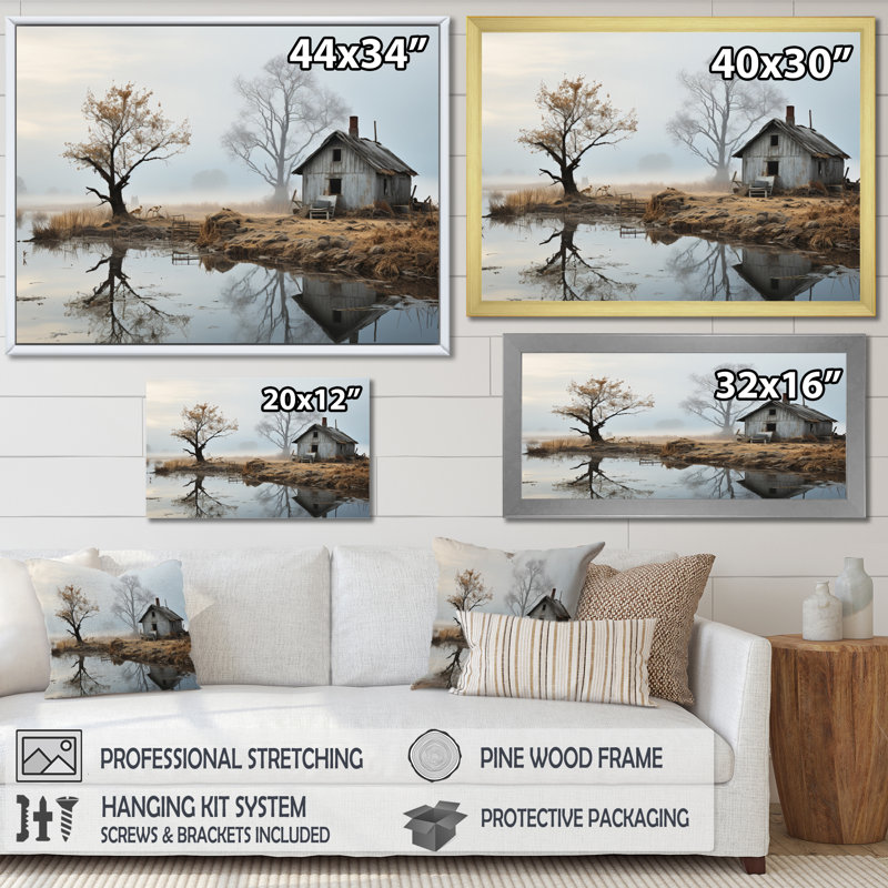 «Grey Country Charm Misty Morning» - imprimé, Cadre flottant doré, H 30 po x l 40 po x P 1,5 po