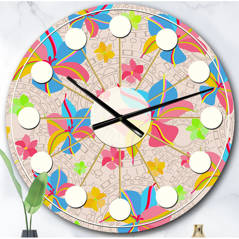 Horloge murale rétro rose, fleurs jaunes et modernes Mid-Century, Surdimensionné