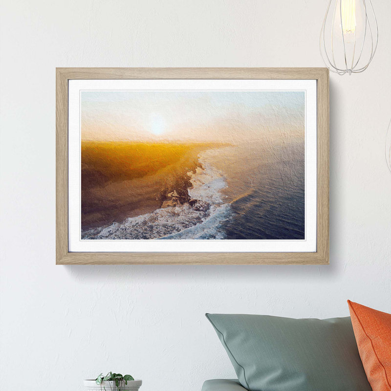 Sunrise over a Beach in France - Picture Frame Painting Print, 27cm H x 36cm W x 2cm D, Oak Framed