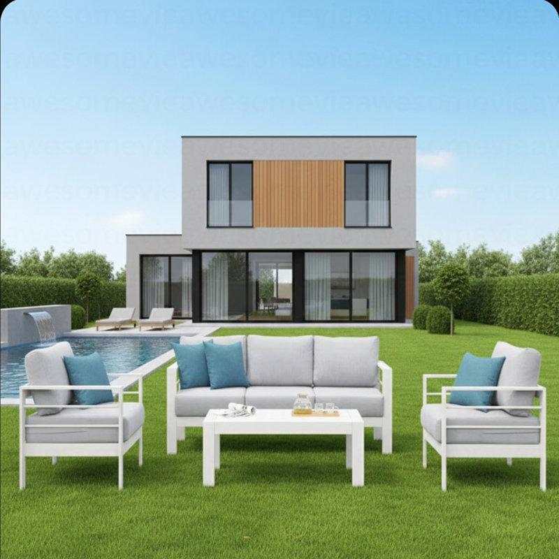 Ensemble de conversation de patio 5 pièces en aluminium 5 pièces, canapé d'extérieur 7 places avec coussins gris clair épais et structure blanche et table basse