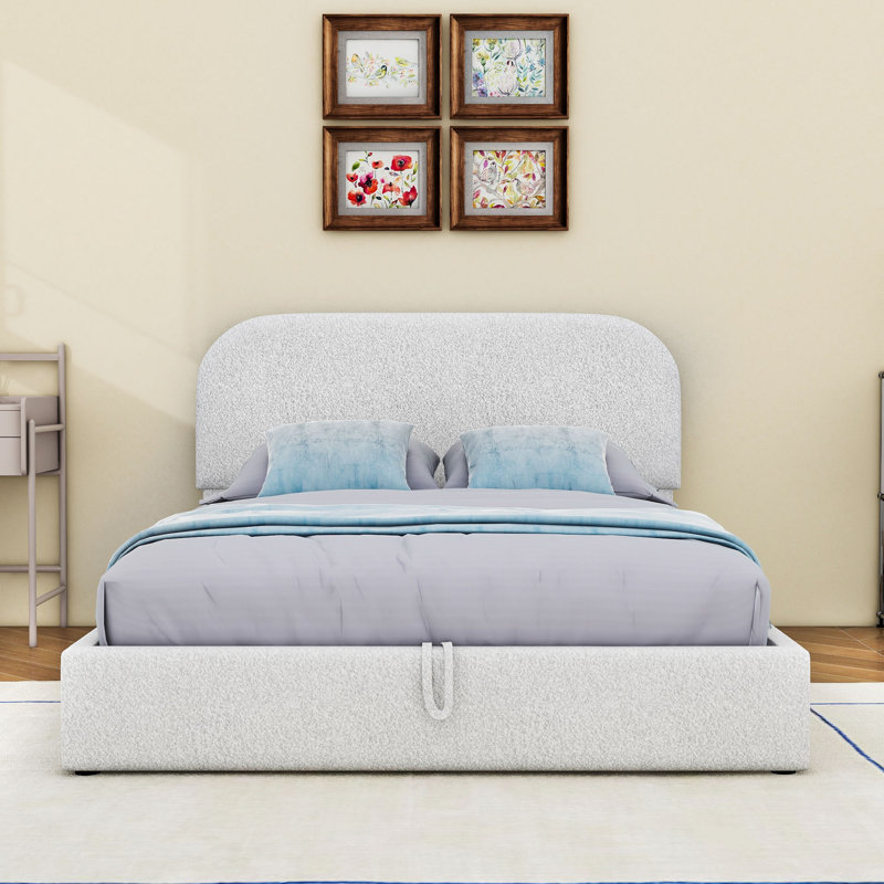 Lit plateforme tapissier avec rangement et tête de lit Teddy, Double, Blanc