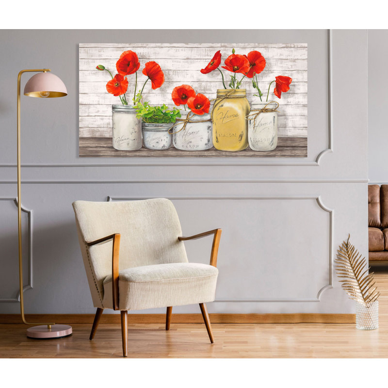 Poppies In Mason Jars by Jenny Thomlinson - Wrapped Canvas Painting, 70cm H x 140cm W x 4cm D