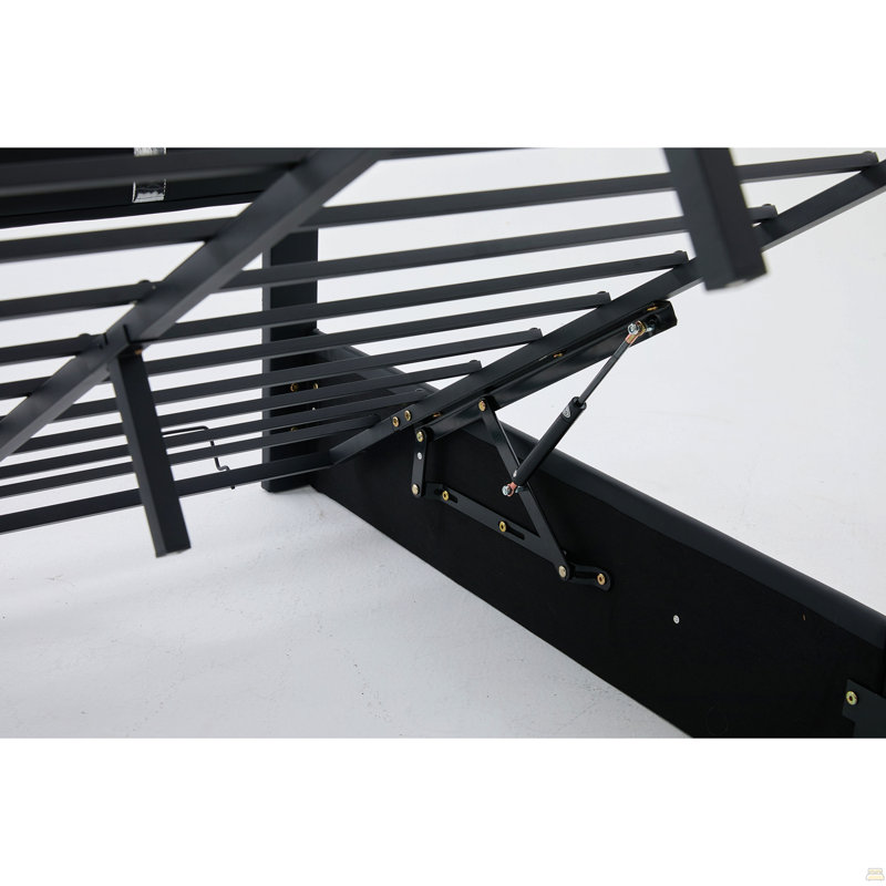 Base de lit pleine grandeur avec rangement et tête de lit avec lumières DEL réglables, ports de charge USB-C, support hydraulique, lit plateforme tapissier en similicuir, support à lattes en métal, noir