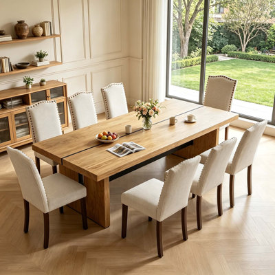 Ensemble de table de salle à manger rectangulaire moderne en bois massif avec 8 chaises à garniture cloutée en lin, grande table de salle à manger de style campagnard