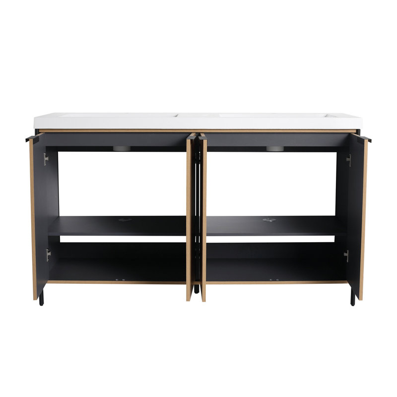 Meuble-lavabo autoportant de 60 po avec lavabo double en résine et 4 portes d'armoire à fermeture en douceur (KD-Packing) -W999S00298