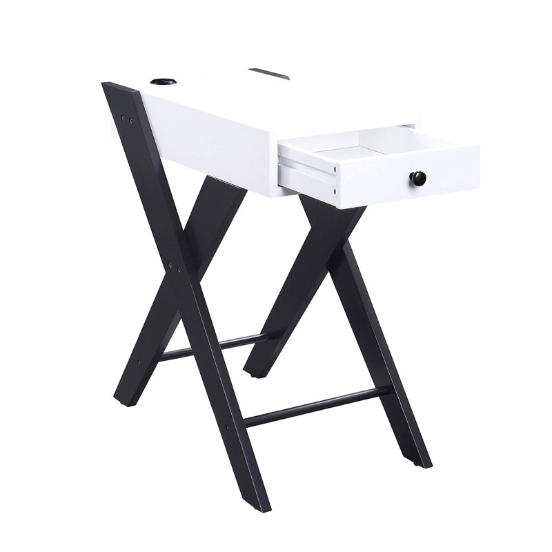 Table rectangulaire blanche et noire avec station d'alimentation, Kd, 1 tiroir, pieds, fabrication, 22 po de largeur, 13 po de profondeur, 24 po de hauteur