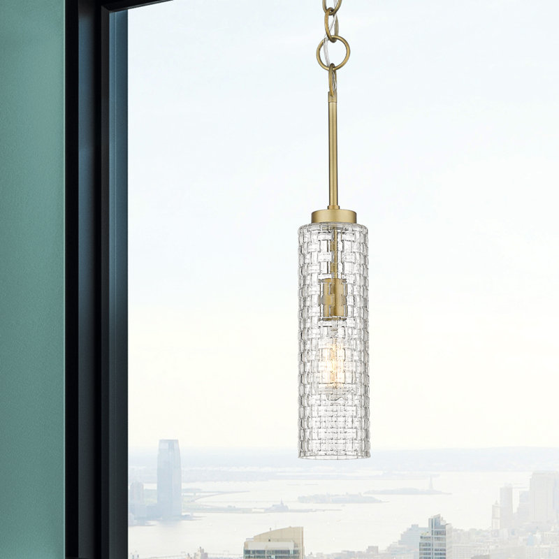Luminaire suspendu cylindrique à 1 lumière Allisia, Laiton brossé, Tissage de panier transparent