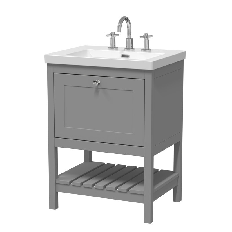 Old London Bexley 600mm Fern Green 1 Drawer Floor Standing Vanity Unit With 3 Tap Holes Contemporary Fireclay Basin, 61.3cm W