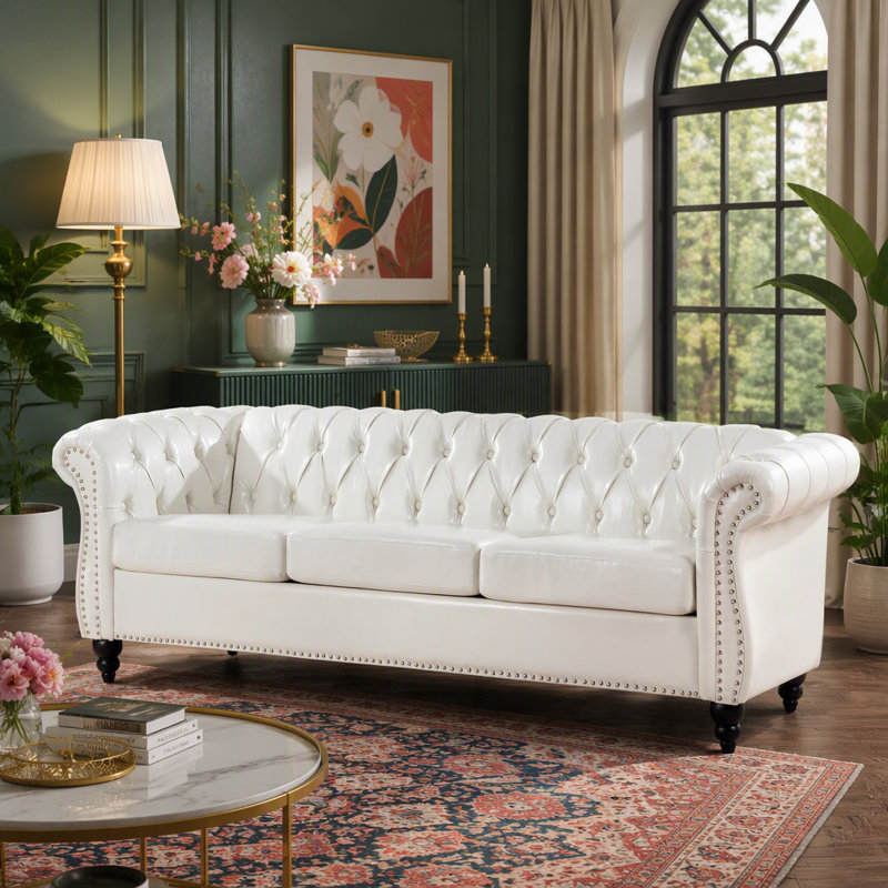 Canapé Chesterfield 84,65 po, Simili cuir blanc
