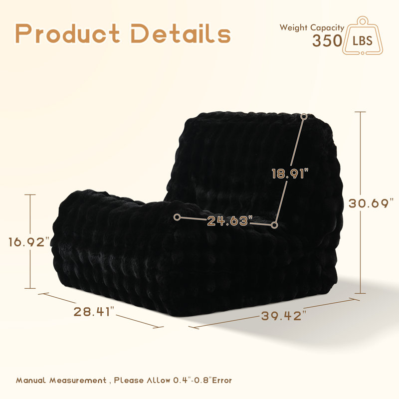 Cozza Bean Bag Chair For Adult, Memory Foam Couch Compression Chair Home Sofa For Living Room, Bedroom, Black Faux Fur