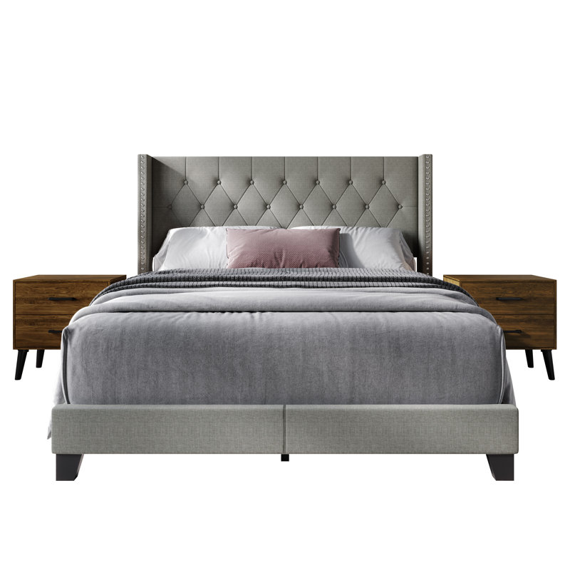 Castle Place Full Wingback Bed Set with Two Nightstands, Charcoal Grey Linen, Light Grey, Queen
