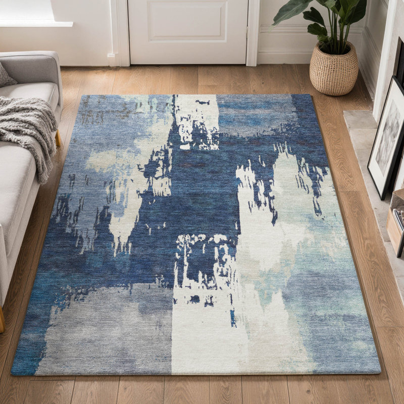 Tapis abstrait lavable à la machine de qualité supérieure Mayfield AMF2347, Bleu, 3' x 5'