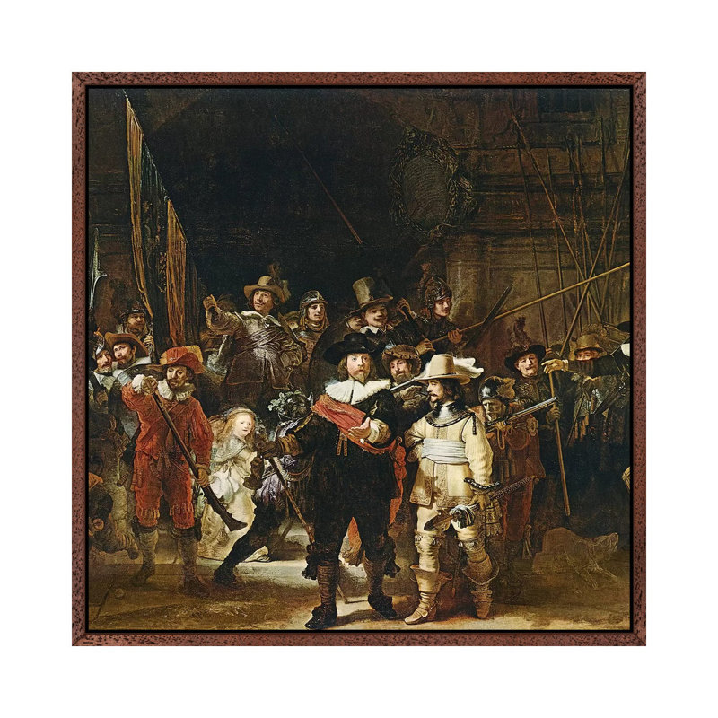The Nightwatch, 1642 by Rembrandt Van Rijn - Painting on Canvas, 45.72cm H x 45.72cm W x 3.81cm D, Classic Brown Wood Framed