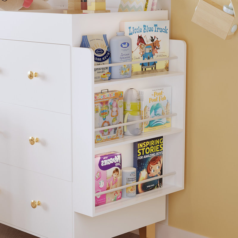 Wooden Baby Changing Table Dresser,Diaper Changing Table with Large Tabletop,4 Drawers, Open Storage Space & Side Shelves,Modern Storage Crib with Changing Table for Nurseries and Baby Rooms,White