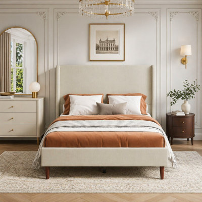 Structure de lit tapissier pour grand lit avec tête de lit haute, support à 12 lattes, sans sommier tapissier, beige