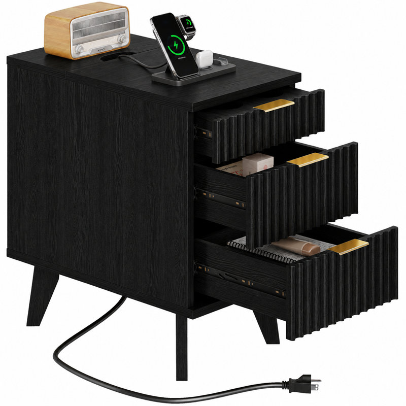 Table d'appoint avec tiroirs et borne de recharge, Noir