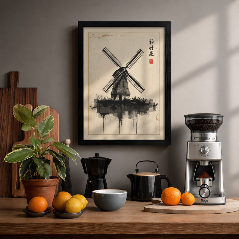 Windmill in Ink Japandi - Framed Print, Black, A3 - 42.0 x 29.7 cm