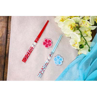 Ensemble de 2 baguettes et repose-baguettes en céramique à motif de fleurs de cerisier Sakura rouges et bleues