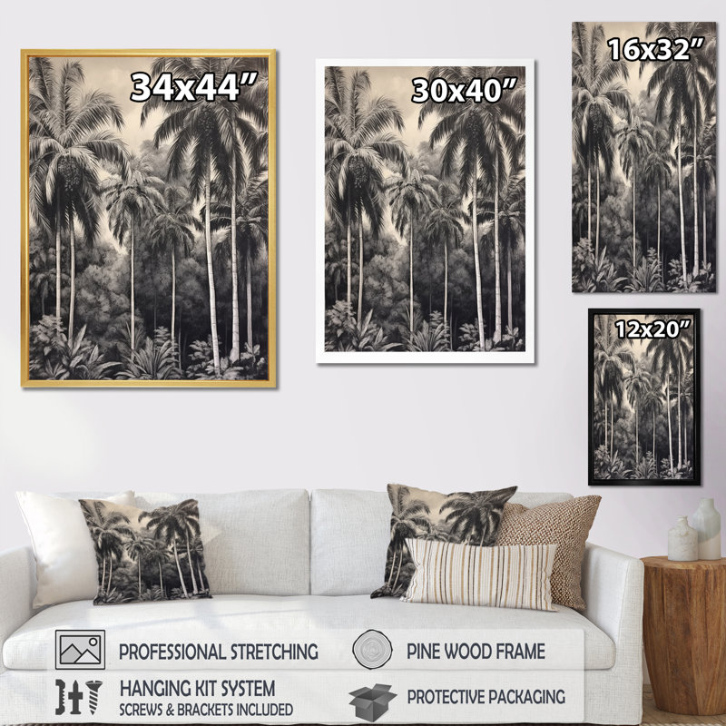 «Black and White Palm Paradise I», reproduction sur toile, H 32 po x l 16 po x P 1 po, Cadre photo noir simple