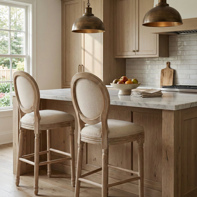 Set of 2 French Country Wood Bar Stools with Upholstered Beige Seats, for Kitchen Island and Breakfast Nook