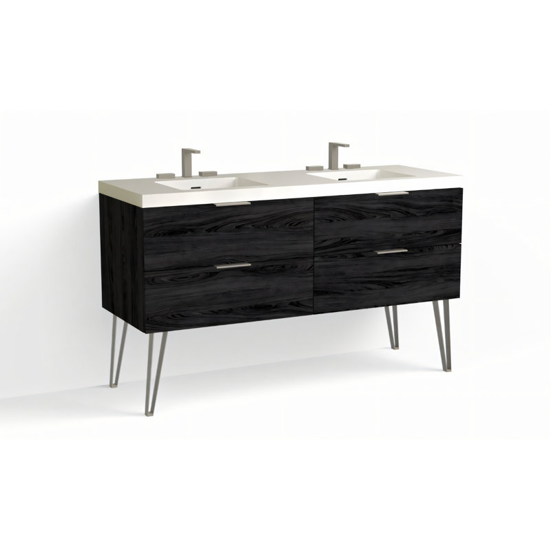 Avila 60" W Freestanding Double Bathroom Vanity with Dawson Leg, Gloss White/8" Widespread, Charred, Satin Nickel